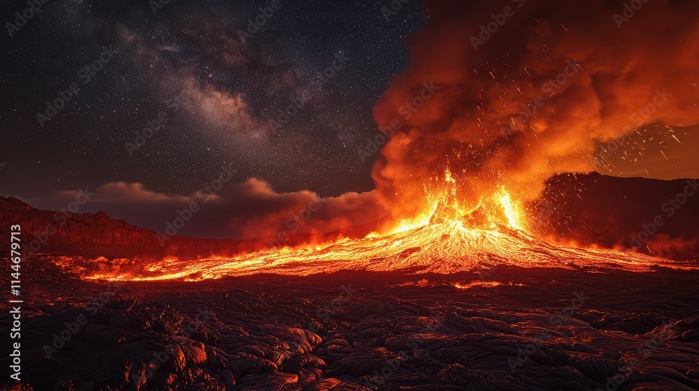 Lava stream flows from volcano illuminating the night sky over dark landscape Lava stream flows from volcano illuminating the night sky over dark landscape