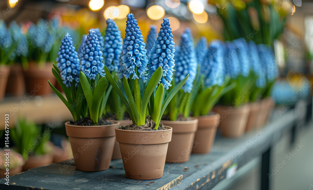 A row of potted blue flowers sit on a table. The flowers are in various sizes and are arranged in a neat row. The potted plants are placed in different spots on the table A row of potted blue flowers sit on a table. The flowers are in various sizes and are arranged in a neat row. The potted plants are placed in different spots on the table