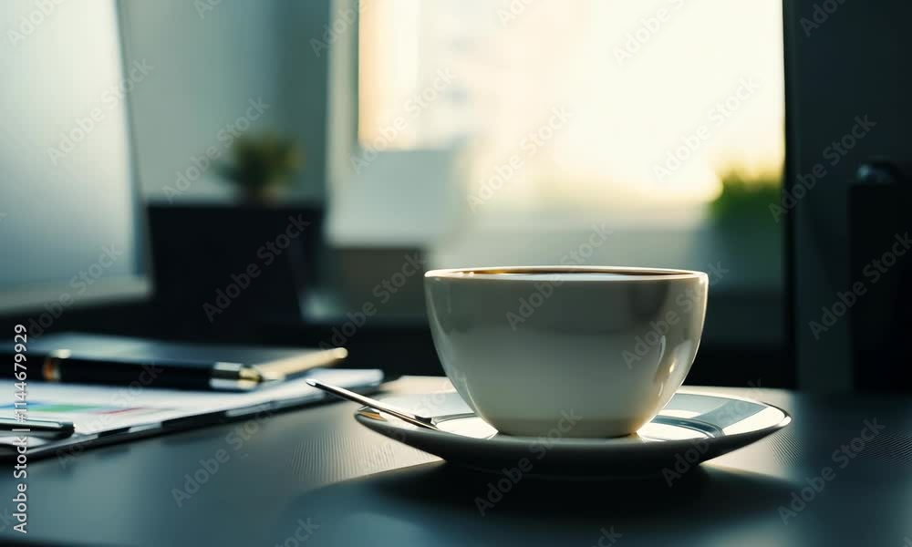 Closeup of coffee cup or mug drink, beverage placed on business office table desk next to the monitor screen display Closeup of coffee cup or mug drink, beverage placed on business office table desk next to the monitor screen display