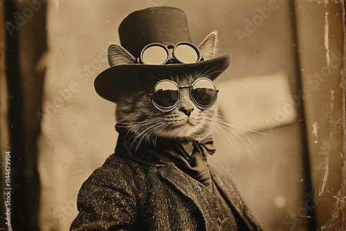 Vintage anthrompomorphic portrait of a steampunk cat wearing a suit, top hat and glasses.