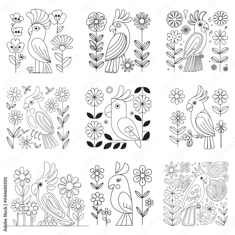 Obraz premium Cute cockatoo coloring page. Animals. Hand drawn doodle. Ethnic patterned illustration. African, indian, totem tatoo design. Sketch for avatar, tattoo, poster,
