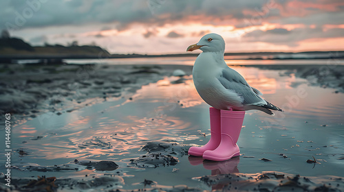 The canvas captures a quirky seagull standing confidently in pink rubber boots amidst serene mudflats, blending humor and nature in a delightful moment