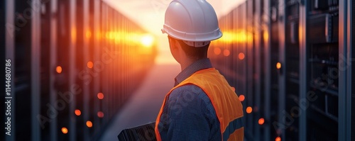 A construction worker in a safety helmet and vest observes a data center at sunset, highlighting a blend of technology and safety. photo