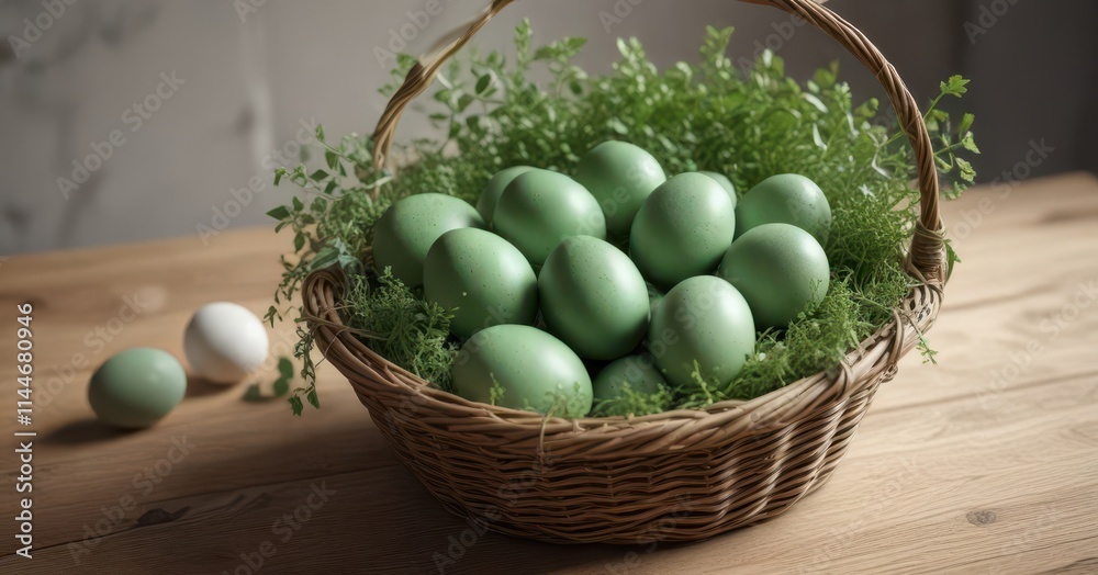 Green painted eggs and spring greenery in a basket , pastel, spring Green painted eggs and spring greenery in a basket , pastel, spring