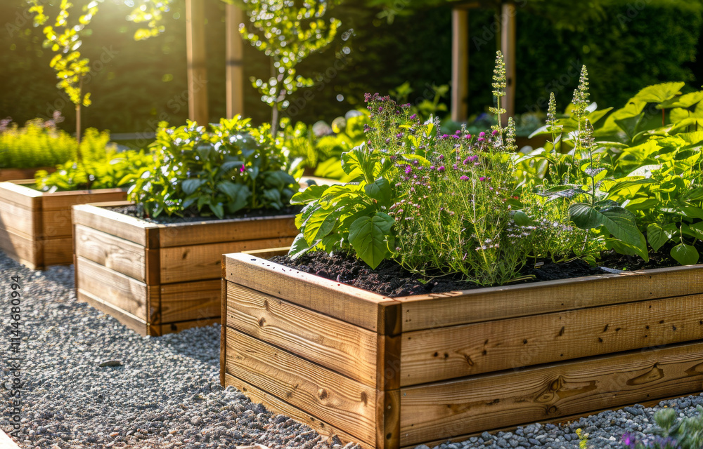 Three wooden planters with plants in them, one of which has a purple flower. The plants are in a garden setting with a gravel path in the background Three wooden planters with plants in them, one of which has a purple flower. The plants are in a garden setting with a gravel path in the background