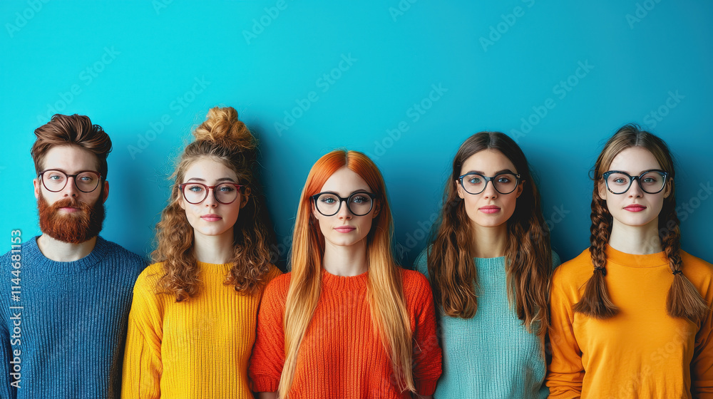 Group of Young Adults with Colorful Sweaters and Glasses Posing Against a Blue Background, Stylish and Trendy Fashion Photography Group of Young Adults with Colorful Sweaters and Glasses Posing Against a Blue Background, Stylish and Trendy Fashion Photography