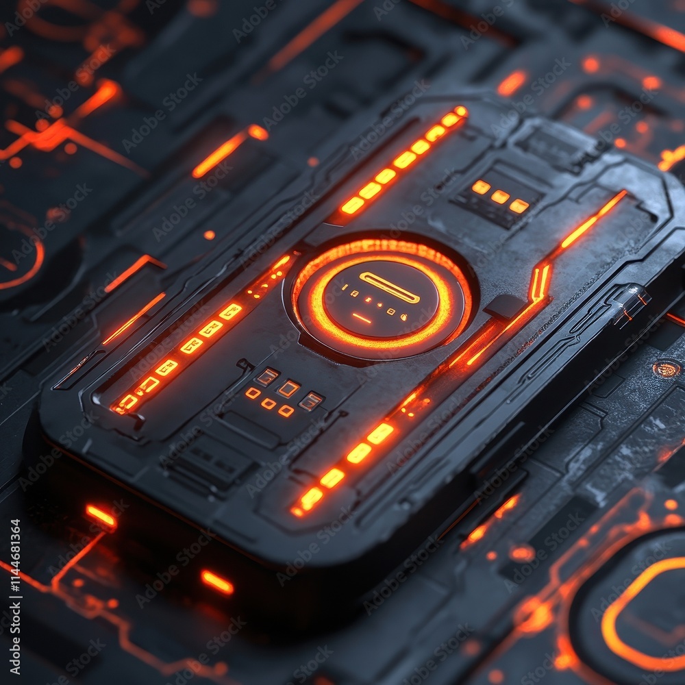 A sleek, futuristic device with glowing orange accents, set against a textured background, showcasing advanced technology.