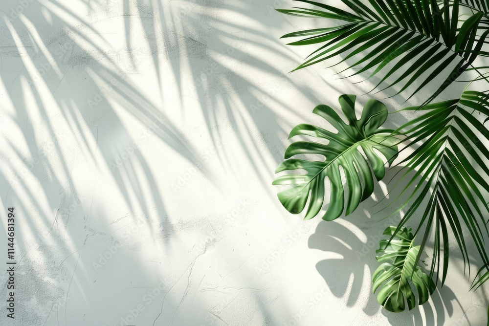 Minimal abstract poster with palm leaf shadow on white background