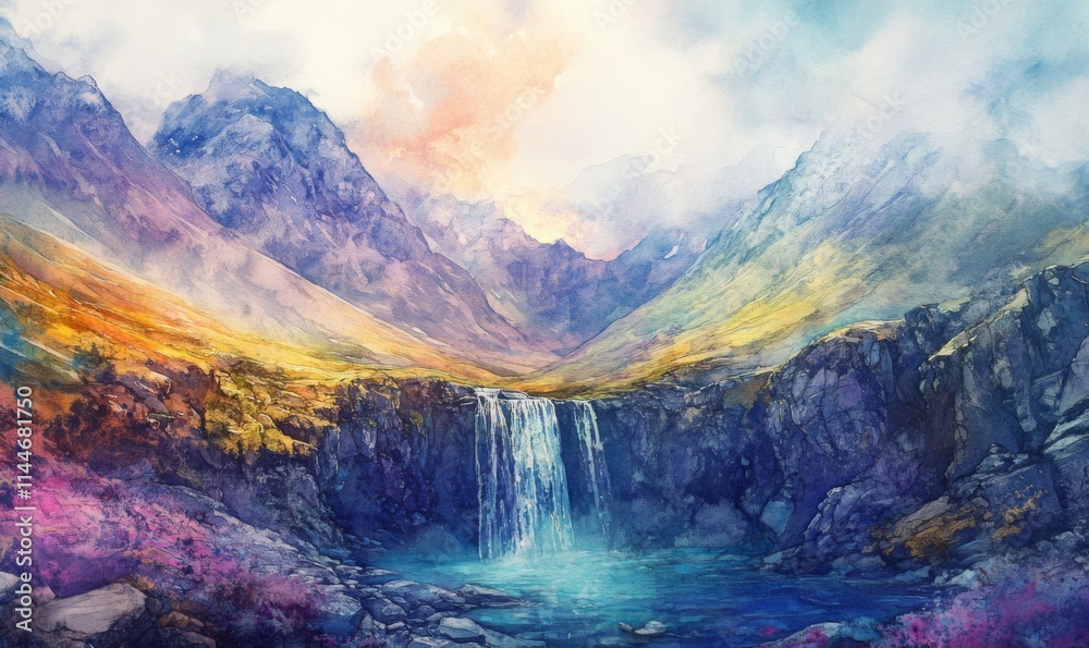 Watercolor Ethereal Beauty of Fairy Pools Under the Majestic Skye Mountains Watercolor Ethereal Beauty of Fairy Pools Under the Majestic Skye Mountains