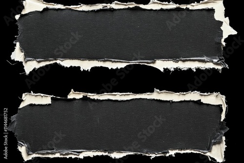 two pieces of torn black paper for using as text box , isolated on white background,  , copy space, copy space for text,