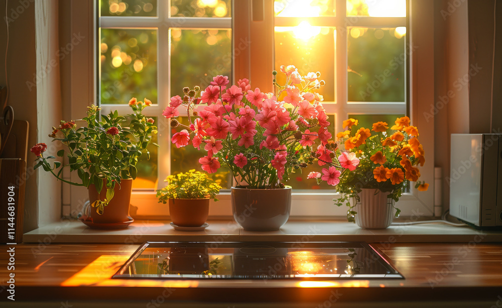 A window sill with several potted plants, including a pink flower, and a white microwave. The sunlight is shining through the window, creating a warm and inviting atmosphere