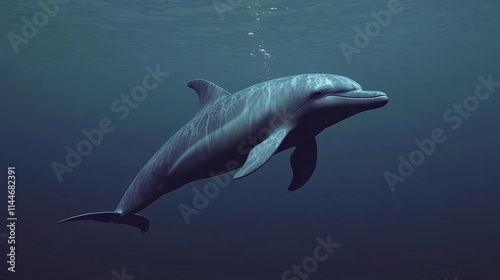 Wallpaper Mural A dolphin keeping swimming forward underwater. Side view, glittering realistic 3D rendering cycle animation , isolated on white background,  , copy space, copy space for text, Torontodigital.ca