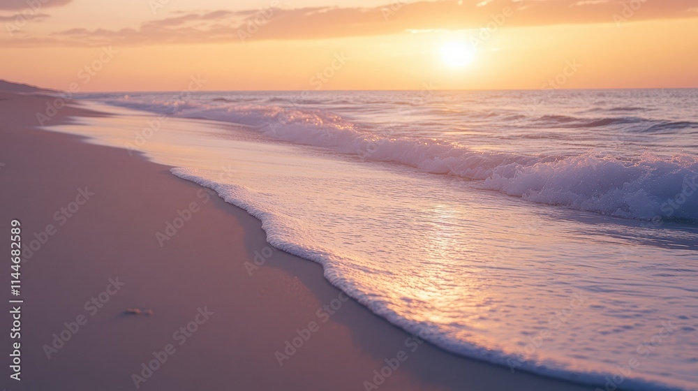 Obraz premium Serene sunset over a tranquil beach with gentle waves and soft sand