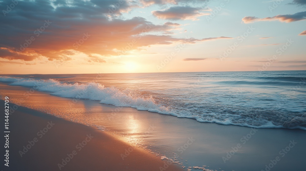 Fototapeta premium Tranquil beachscape at sunset with gentle waves and colorful sky