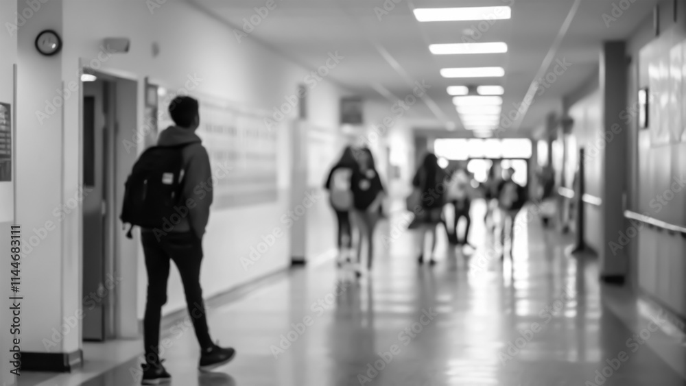 Students walking in the school hallway during a break, the image is blurred. Black and white image Students walking in the school hallway during a break, the image is blurred. Black and white image