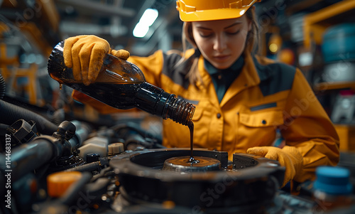 A woman in a yellow jacket is pouring oil into a car engine. Concept of responsibility and care for the vehicle, as the woman is taking the time to ensure that the engine is properly lubricated