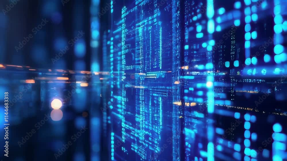 A mesmerizing loop of blue digital data streaming across the screen. Perfect for tech, AI, and futuristic projects. Ideal for backgrounds or transitions.. AI Generation