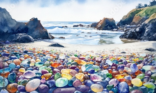 Watercolor Beautiful Glass Pebbles on the Shore at Glass Beach, Fort Bragg, California photo