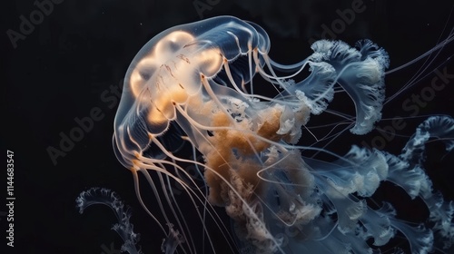 Vivid box jellyfish glowing against a deep black backdrop, showcasing its unique shape and tentacles photo