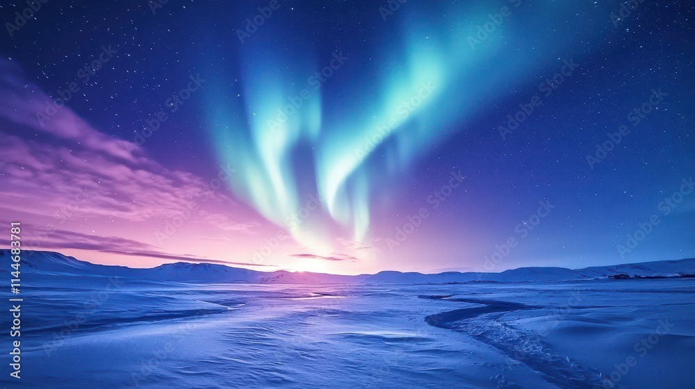 Northern lights illuminate a snowy landscape in a breathtaking display of colors at dusk Northern lights illuminate a snowy landscape in a breathtaking display of colors at dusk