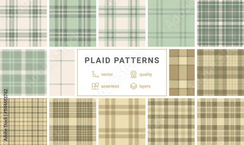 A plaid pattern collection featuring geometric checks and stripes, ideal for trendy clothing, textile designs, or stylish wallpaper.