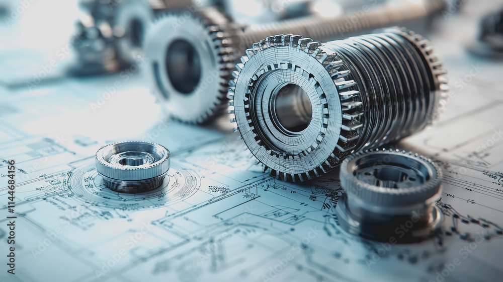 Detailed close-up of mechanical gears on engineering blueprints showcasing intricate design and precision in manufacturing and technology development Detailed close-up of mechanical gears on engineering blueprints showcasing intricate design and precision in manufacturing and technology development