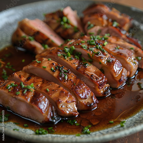 Sliced Glazed Duck Breast with Fresh Herbs photo