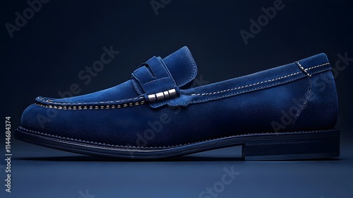 A blue shoe with a black strap and a black sole