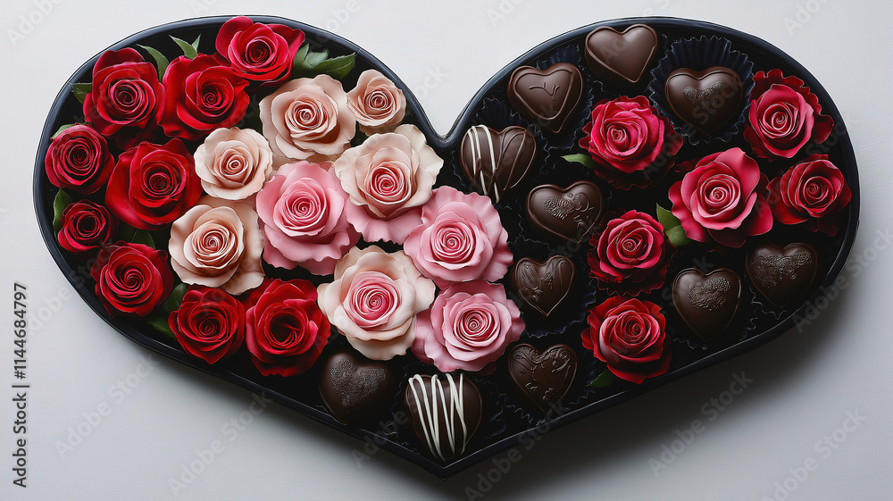 Heart-Shaped Box of Chocolates and Beautiful Red and Pink Roses on a Clean White Background Heart-Shaped Box of Chocolates and Beautiful Red and Pink Roses on a Clean White Background