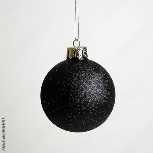 Black Christmas ornament hangs on a thread, against an isolated white background