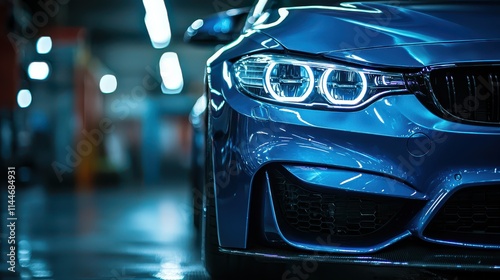 Close up of blue car showcasing sleek design in a well-lit indoor setting