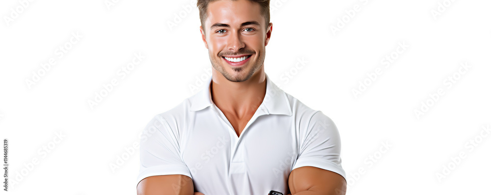Smiling man with muscular build wearing a white polo shirt poses confidently against a plain background Smiling man with muscular build wearing a white polo shirt poses confidently against a plain background