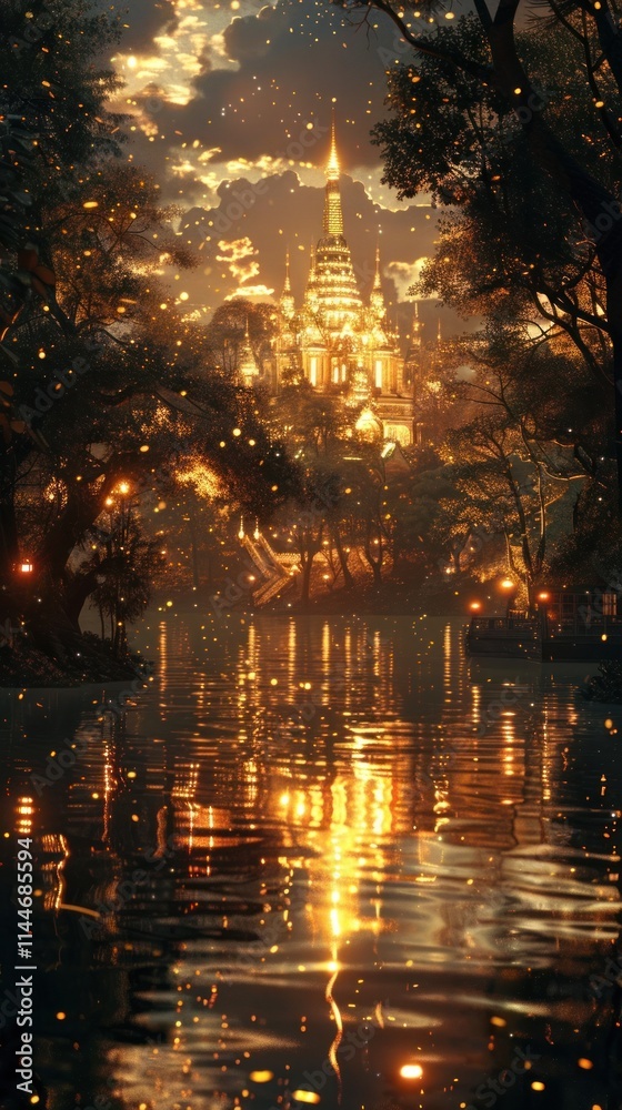 Enchanting Wat Reflection in Moody Twilight Landscape A captivating image of an ornate Buddhist temple reflected in the still waters of a river Enchanting Wat Reflection in Moody Twilight Landscape A captivating image of an ornate Buddhist temple reflected in the still waters of a river