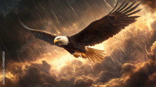 Ruler of the skies: majestic eagle soaring amidst the fury of a thunderstorm. Phoenixlike. Illustration