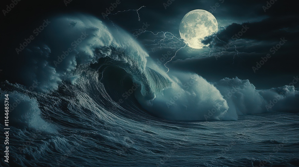 Giant tidal wave rises under the full moon and stormy skies Giant tidal wave rises under the full moon and stormy skies