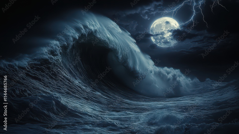 Giant tidal wave rises under a stormy night sky illuminated by a full moon Giant tidal wave rises under a stormy night sky illuminated by a full moon
