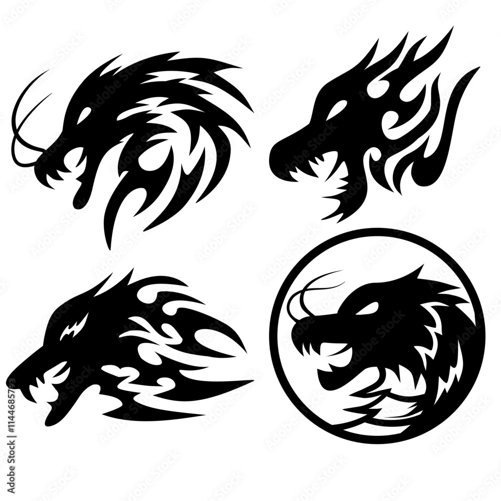 black and white tribal dragon tattoo design set black and white tribal dragon tattoo design set