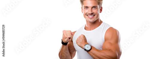 Strong man shows confidence and enthusiasm while flexing muscles, smiling against a white background photo