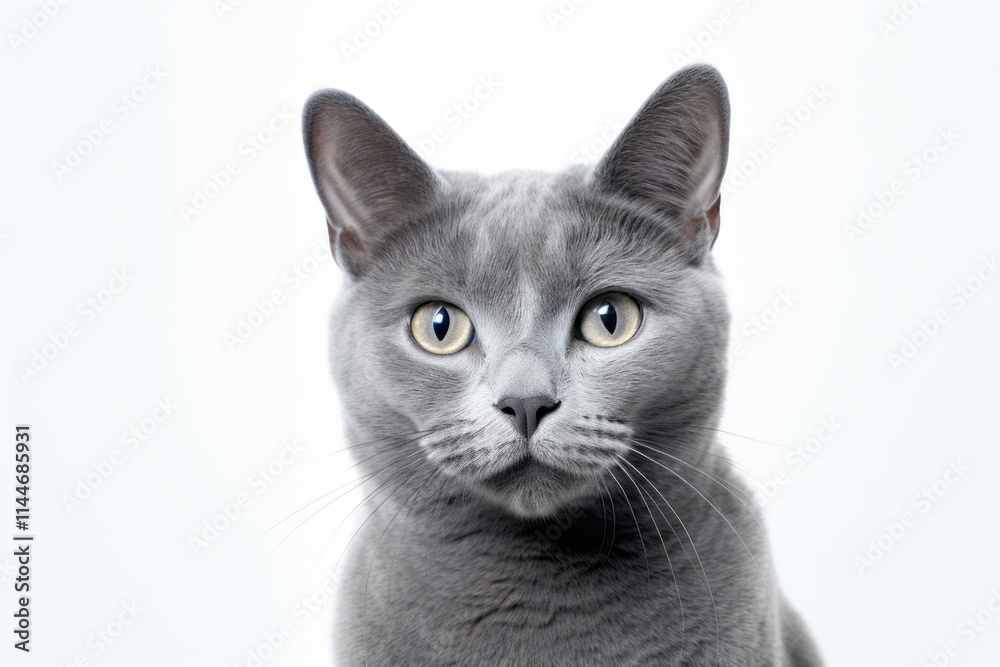 Fototapeta premium Portrait of a cute russian blue cat while standing against white background