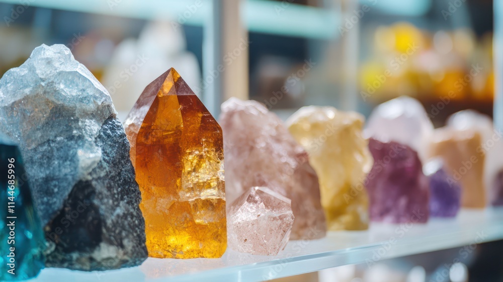 Close-up view of a colorful collection of mineral rocks and crystal samples displayed in a row with containers blurred in the background. Ai generated image Close-up view of a colorful collection of mineral rocks and crystal samples displayed in a row with containers blurred in the background. Ai generated image