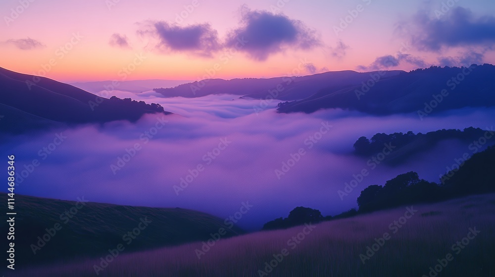Fototapeta premium Purple Sunset Valley Fog Rolling Hills Landscape Photography Nature