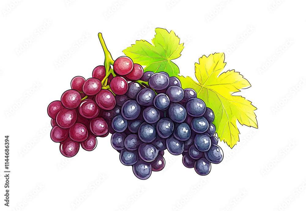 Rich Purple  bunch of grapes, Hand-Drawn Colored Pencil clipart illustration, isolated on white background, png


