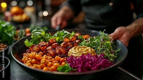 Chef preparing a healthy buddha bowl with super foods and healthy smoothies in a cozy kitchen environment