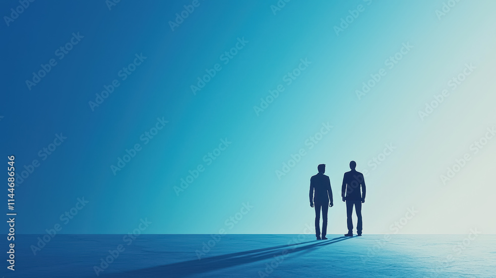 Two Silhouetted Figures Standing in a Sparse Landscape with a Gradient Blue Sky, Representing Solitude, Reflection, and Minimalism in Life Two Silhouetted Figures Standing in a Sparse Landscape with a Gradient Blue Sky, Representing Solitude, Reflection, and Minimalism in Life