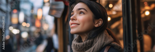 A young woman smiles as she admires city lights, wrapped in a cozy scarf, symbolizing a moment of contemplation, appreciation, and seasonal joy. photo