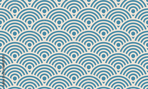 Serene Seigaiha Waves. Seamless pattern of overlapping teal semicircles on a beige background.