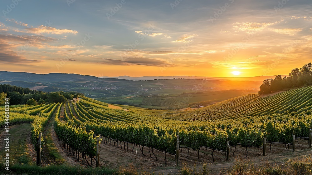 Fototapeta premium Vineyard at Golden Hour Sun Setting Over Rolling Hills Wide Photo. AI Generated