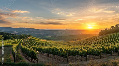 Wallpaper Mural Vineyard at Golden Hour Sun Setting Over Rolling Hills Wide Photo. AI Generated Torontodigital.ca