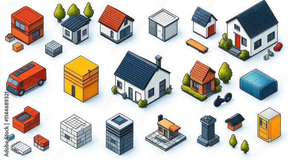 Fototapeta premium Collection of isometric buildings and objects for design.
