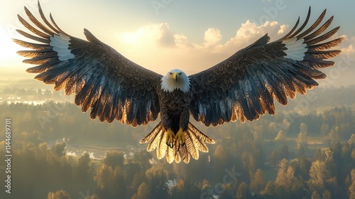 Majestic bald eagle soaring over forest canopy in golden sunrise light photo